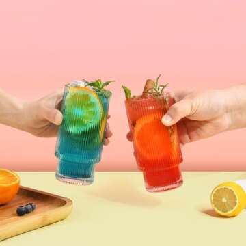 Ribbed Glass Cups Set with Bamboo Lids - 12 Oz Vintage Tumblers