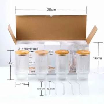 Ribbed Glass Cups Set with Bamboo Lids - 12 Oz Vintage Tumblers