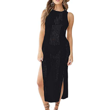 Bsubseach Women Black Hollow Out Sleeveless Bikini Swimsuit Cover Up Swimwear Side Split Crochet Tank Beach Dress