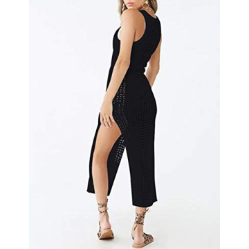 Bsubseach Women Black Hollow Out Sleeveless Bikini Swimsuit Cover Up Swimwear Side Split Crochet Tank Beach Dress