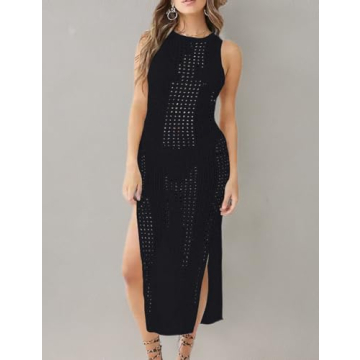 Bsubseach Women Black Hollow Out Sleeveless Bikini Swimsuit Cover Up Swimwear Side Split Crochet Tank Beach Dress