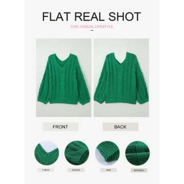 Ecrocoo Womens Sweaters Fall Oversized 2023 Trendy Off The Shoulder Ribbed Cable Knit V Neck Long Sleeve Solid Loose Chunky Casual Pullover Green,M