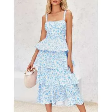 Wenrine Womens Summer Floral Maxi Dress Sleeveless Spaghetti Strap Tie Back Tiered Ruffle Dresses Blue
