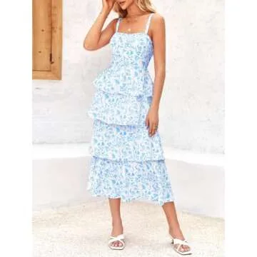 Wenrine Womens Summer Floral Maxi Dress Sleeveless Spaghetti Strap Tie Back Tiered Ruffle Dresses Blue