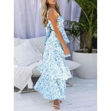 Wenrine Womens Summer Floral Maxi Dress Sleeveless Spaghetti Strap Tie Back Tiered Ruffle Dresses Blue