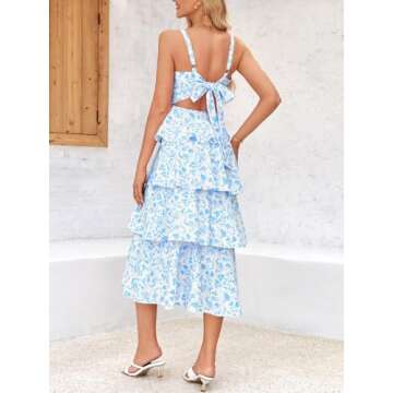 Wenrine Womens Summer Floral Maxi Dress Sleeveless Spaghetti Strap Tie Back Tiered Ruffle Dresses Blue
