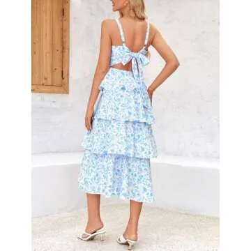 Wenrine Womens Summer Floral Maxi Dress Sleeveless Spaghetti Strap Tie Back Tiered Ruffle Dresses Blue