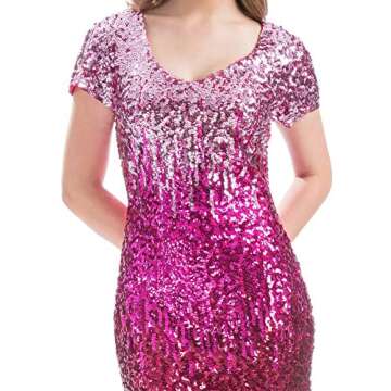 MANER Women's Sequin Glitter Short Sleeve Dress Sexy V Neck Mini Party Club Bodycon Gowns(L,Bright Pink/Rose Red/Red)