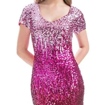 MANER Women's Sequin Glitter Short Sleeve Dress Sexy V Neck Mini Party Club Bodycon Gowns(L,Bright Pink/Rose Red/Red)