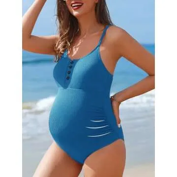 Maternity Swimsuit - One Piece, Button Closure, Comfortable