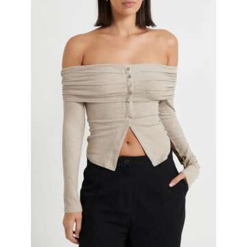 Cicy Bell Womens Off The Shoulder Tops Cute Long Sleeve Slim Fit Ribbed Ruched Shirt 2024 Fall Y2k Clothes Apricot