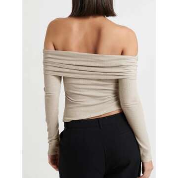 Cicy Bell Womens Off The Shoulder Tops Cute Long Sleeve Slim Fit Ribbed Ruched Shirt 2024 Fall Y2k Clothes Apricot