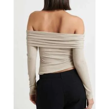 Cicy Bell Womens Off The Shoulder Tops Cute Long Sleeve Slim Fit Ribbed Ruched Shirt 2024 Fall Y2k Clothes Apricot