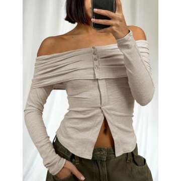 Cicy Bell Womens Off The Shoulder Tops Cute Long Sleeve Slim Fit Ribbed Ruched Shirt 2024 Fall Y2k Clothes Apricot