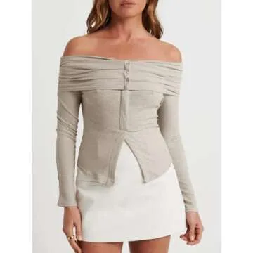 Cicy Bell Womens Off The Shoulder Tops Cute Long Sleeve Slim Fit Ribbed Ruched Shirt 2024 Fall Y2k Clothes Apricot