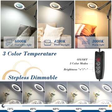 10X Magnifying Glass with Light and Stand, 3-in-1 Magnifying Floor Lamp Adjustable Swing Arm Stepless Dimmable 3 Color Modes, LED Lighted Magnifier for Close Work Reading Repair Painting Crafts