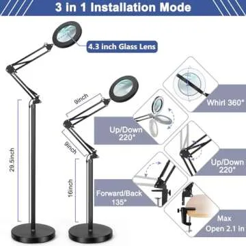 10X Magnifying Glass with Light and Stand, 3-in-1 Magnifying Floor Lamp Adjustable Swing Arm Stepless Dimmable 3 Color Modes, LED Lighted Magnifier for Close Work Reading Repair Painting Crafts