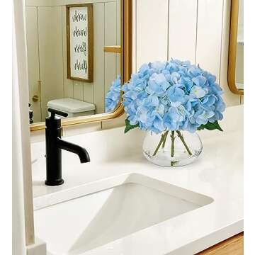 Hollyone Hydrangea Artificial Flowers with Vase Blue Silk Fake Flowers Arrangements in Glass Vase with Faux Water Faux Floral Bulk Bouquet for Home Decor Bathroom Table Centerpiece Shelf Decorations