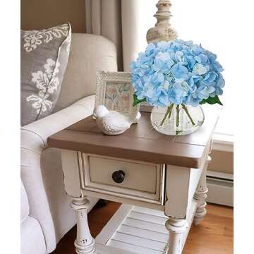 Hollyone Hydrangea Artificial Flowers with Vase Blue Silk Fake Flowers Arrangements in Glass Vase with Faux Water Faux Floral Bulk Bouquet for Home Decor Bathroom Table Centerpiece Shelf Decorations