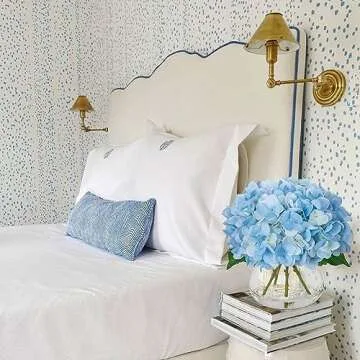 Hollyone Hydrangea Artificial Flowers with Vase Blue Silk Fake Flowers Arrangements in Glass Vase with Faux Water Faux Floral Bulk Bouquet for Home Decor Bathroom Table Centerpiece Shelf Decorations