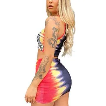 Mylleure Women Sexy Bodycon Mini Skirt Set Crisscross Halter Cutout Tank Crop Tops Y2K Two Piece Outfits Bandage Dress Clubwear (F Tie Dye Tiger, M)