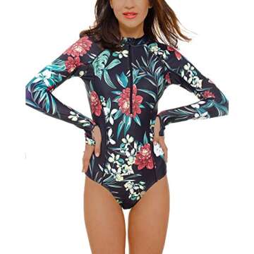 Mom and Daughter Matching Swimsuits Long-Sleeve: One Piece Bathing Suit Rash Guard for Women UV UPF 50+ Sun Protection Printed Zipper Surfing Swimsuit XL