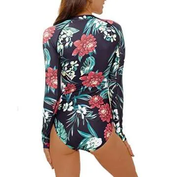Mom and Daughter Matching Swimsuits Long-Sleeve: One Piece Bathing Suit Rash Guard for Women UV UPF 50+ Sun Protection Printed Zipper Surfing Swimsuit XL