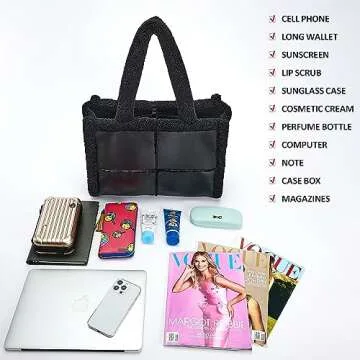 Like Dreams Large Sherpa Tote Bag, Inner Pocket Vegan Leather, Large Tote Hand bags for Women Winter Purse (Black)