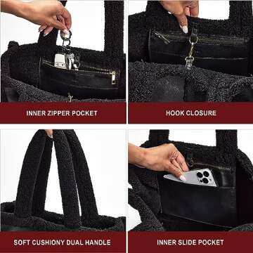 Like Dreams Large Sherpa Tote Bag, Inner Pocket Vegan Leather, Large Tote Hand bags for Women Winter Purse (Black)