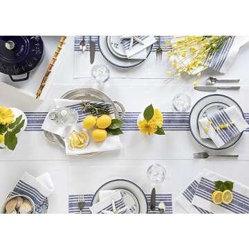 Solino Home Farmhouse Linen Table Runner 36 Inch - 100% Pure Linen Stripe Navy and White Short Table...