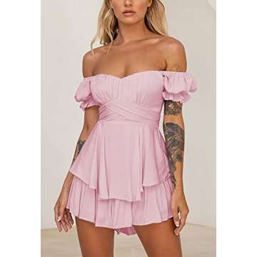 Fixmatti Women Boho Romper Off Shoulder Ruffle Chiffon Shorts Jumpsuit Playsuits (Z-Pink, X-Large)