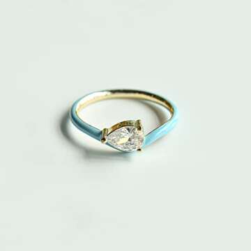 BLOSSOM & HUE Turquoise Enamel Ring | Size 8 | East-West Pear Shaped Solitaire CZ | 18K Gold Plated Sterling - Colorful Enamel