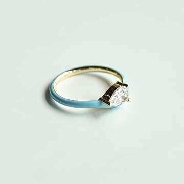 BLOSSOM & HUE Turquoise Enamel Ring | Size 8 | East-West Pear Shaped Solitaire CZ | 18K Gold Plated Sterling - Colorful Enamel
