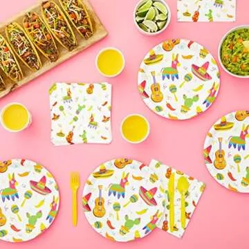 BLUE PANDA 144 Piece Let's Fiesta Dinnerware Set for Cinco de Mayo Party Supplies, Taco Tuesday Decorations (Serves 24)