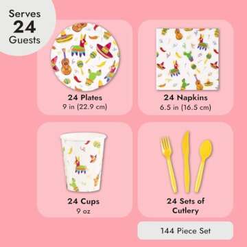 BLUE PANDA 144 Piece Let's Fiesta Dinnerware Set for Cinco de Mayo Party Supplies, Taco Tuesday Decorations (Serves 24)