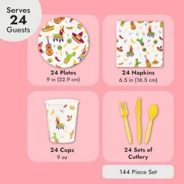 BLUE PANDA 144 Piece Let's Fiesta Dinnerware Set for Cinco de Mayo Party Supplies, Taco Tuesday Decorations (Serves 24)