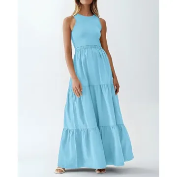 BTFBM Casual Sleeveless Summer Dresses Wedding Guest Maxi Dress Boho Long Dress Party Dress with Pockets(Solid Light Blue,Small)
