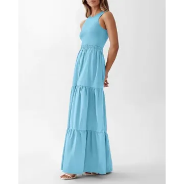 BTFBM Casual Sleeveless Summer Dresses Wedding Guest Maxi Dress Boho Long Dress Party Dress with Pockets(Solid Light Blue,Small)