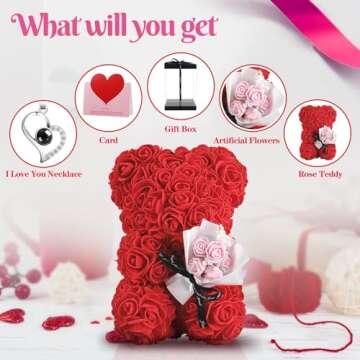TranquilBliss Valentine’s Day Rose Bear, Rose Teddy with Gift Box, Greeting Card, I Love You Neckl...