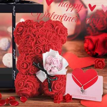 TranquilBliss Valentine’s Day Rose Bear, Rose Teddy with Gift Box, Greeting Card, I Love You Necklace in 100 Language - Cute & Romantic Valentine’s Day Gifts for Her, Women, Girlfriend, Wife (Red)