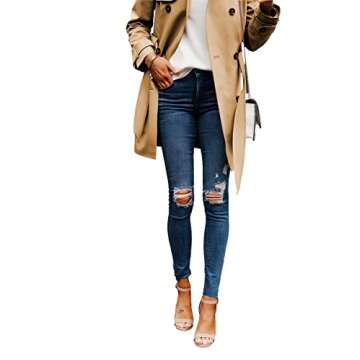 Danedvi Women Fashion Casual Elegant Lapel Solid Button Down Blazer Work Wear Office Long Type Windbreaker Jacket Coat Khaki