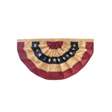 Tea Stained Patriotic Embroidered Bunting USA 48 inches x 24 inches Pleated Banner with Brass Gromme...