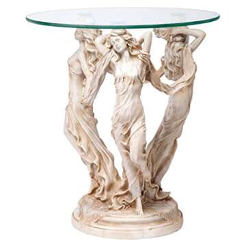 Design Toscano Greek Muses Classic Glass-Topped Side Table, 18 Inch Wide, 18 Inch Deep, 20 Inch Tall, Cast Stone Resin, Antique Stone Finish