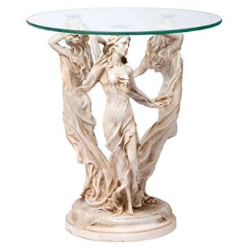 Design Toscano Greek Muses Classic Glass-Topped Side Table, 18 Inch Wide, 18 Inch Deep, 20 Inch Tall, Cast Stone Resin, Antique Stone Finish