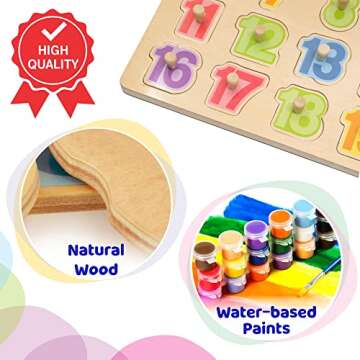 Bimi Boo Wooden Peg Puzzles for Toddlers 2-4 - Montessori Wooden Numbers Board - Easy-to-Grasp 1-20 Colorful Number Knobs, Durable & Safe Natural Sorting Game for Enhanced Learning