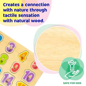 Bimi Boo Wooden Peg Puzzles for Toddlers 2-4 - Montessori Wooden Numbers Board - Easy-to-Grasp 1-20 Colorful Number Knobs, Durable & Safe Natural Sorting Game for Enhanced Learning
