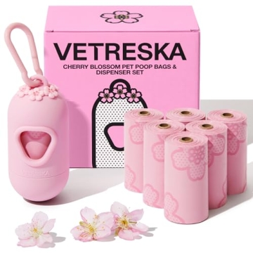 VETRESKA Dog Poop Bag Dispenser with Cherry Blossom Scented Poop Bags, Leak Proof and Extra Thick Pe...
