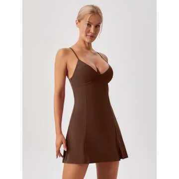 ABOCIW Tennis Dress, Womens V Neck Spaghetti Strap Exercise Workout Dress with Built-in Bra & Shorts Side Slit Golf Athletic Dresses Brown Small