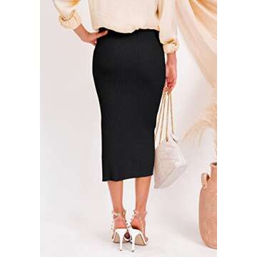 HERBATOMIA Ribbed Knit Midi Black Skirt Basic Solid Split Side Stretchy Ribbed Knit Pencil Mid Lengt...