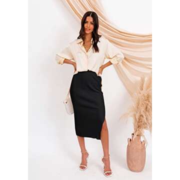 HERBATOMIA Ribbed Knit Midi Black Skirt Basic Solid Split Side Stretchy Ribbed Knit Pencil Mid Length Skirts for Women